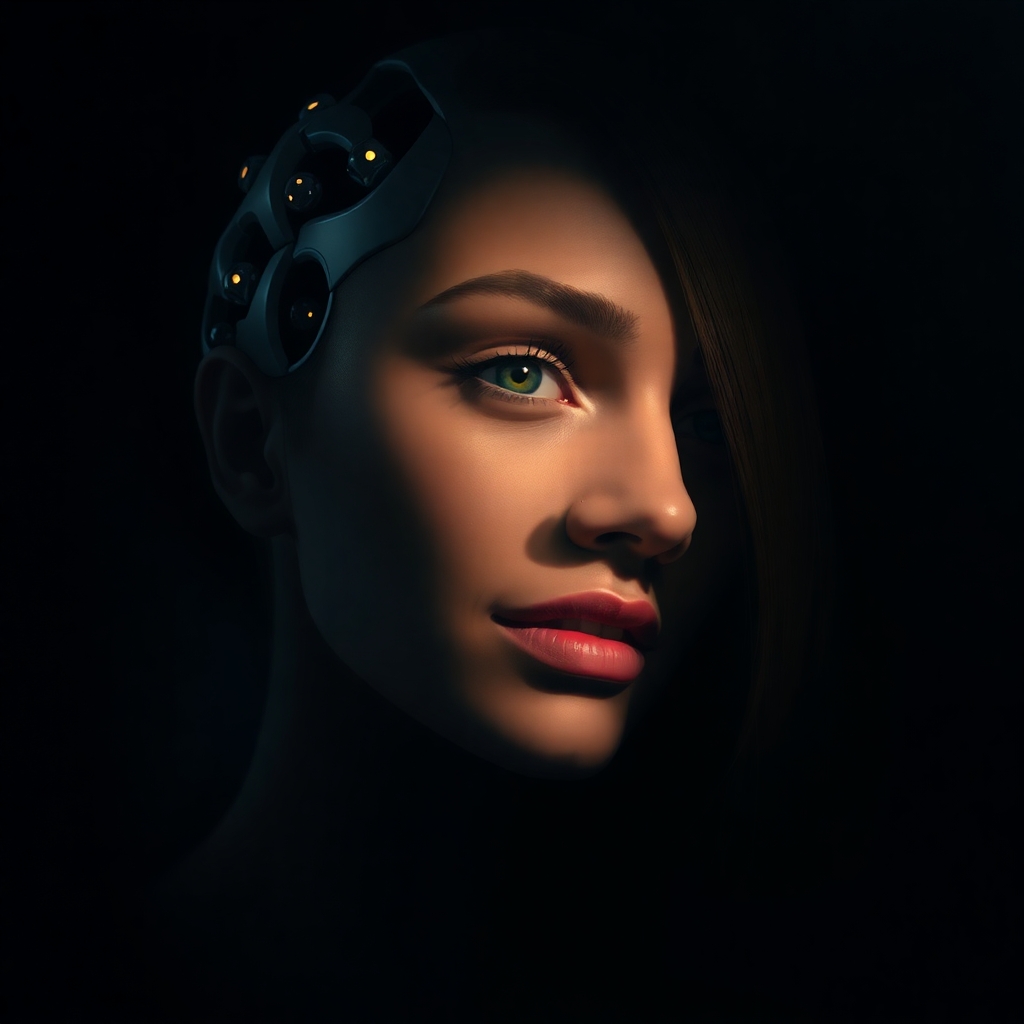A digital painting of Artificial Intelligence using contrasting chiaroscuro lighting, showcasing strong contrasts and deep shadows, highlighting graceful and elegant refined features