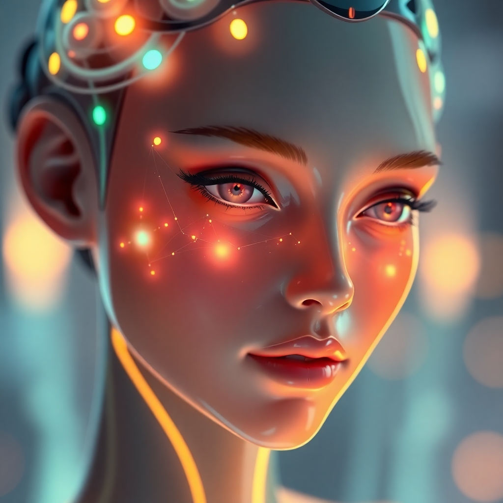 A graceful and elegant AI, rendered in glowing bioluminescent colors with natural light effects creating a vibrant glow, refined facial features are emphasized
