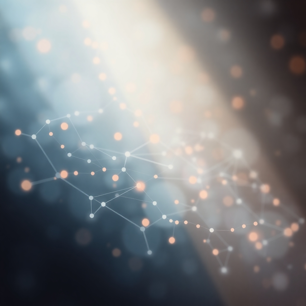 An abstract digital artwork depicting AI in finance, featuring artistic lighting, hazy soft light, and soft dreamy atmosphere with abstract patterns