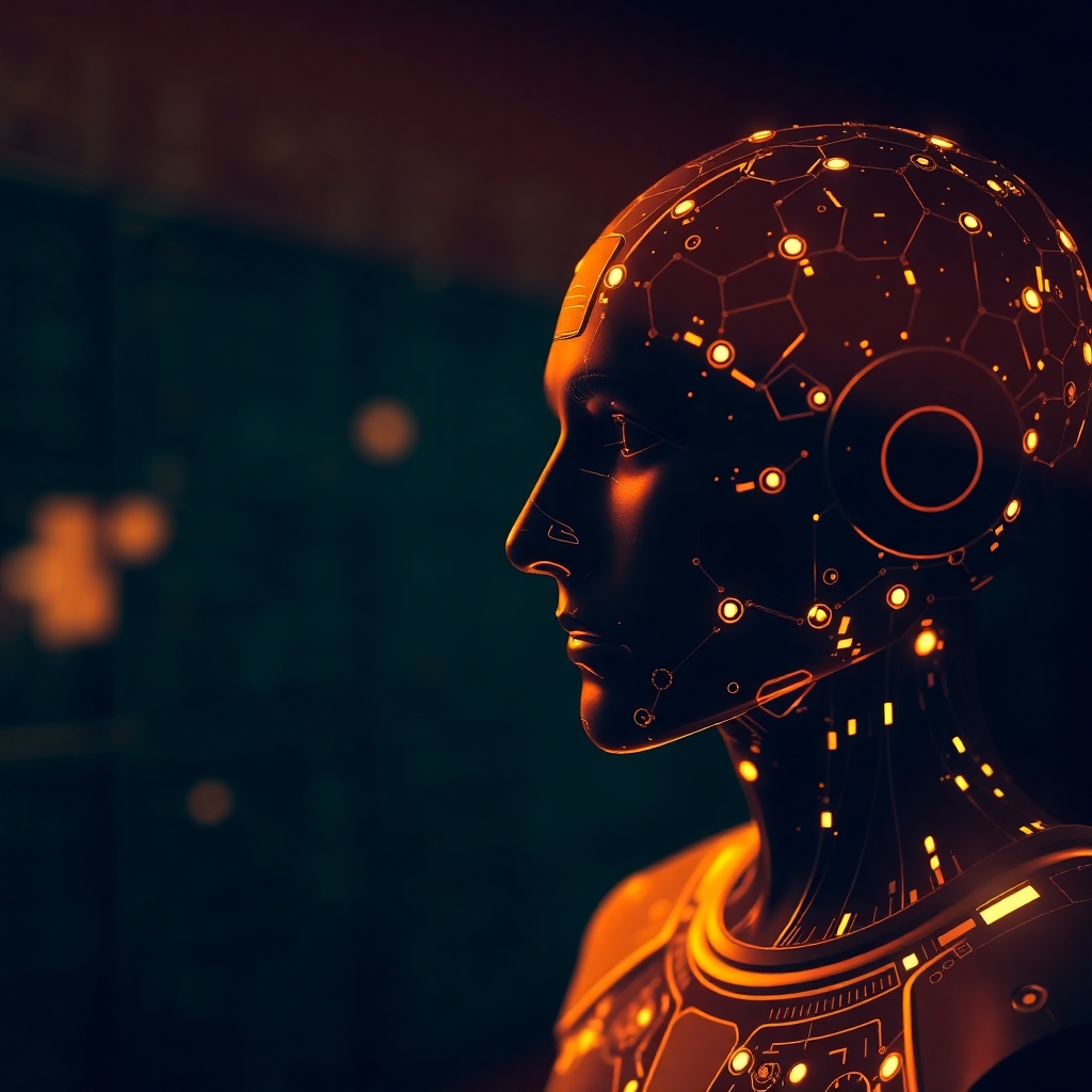 Artificial Intelligence depicted in a strong moody style, warm golden hour light, soft light, low contrast, just after sunrise or before sunset