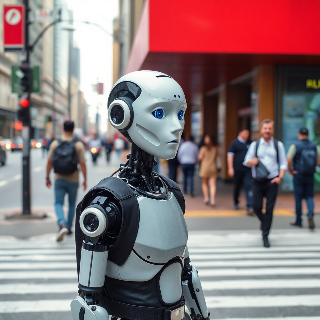 Candid street photography capturing a spontaneous moment featuring an AI in an urban scene