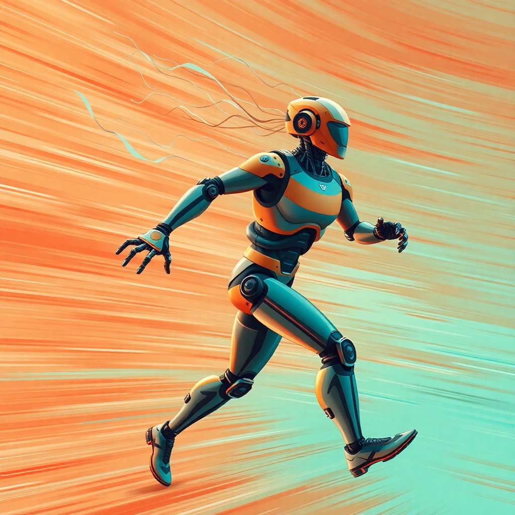 Dynamic illustration of Artificial Intelligence in motion, warm terracotta and cool teal tones, blurred lines, action poses, high energy, earthy and cool contrast