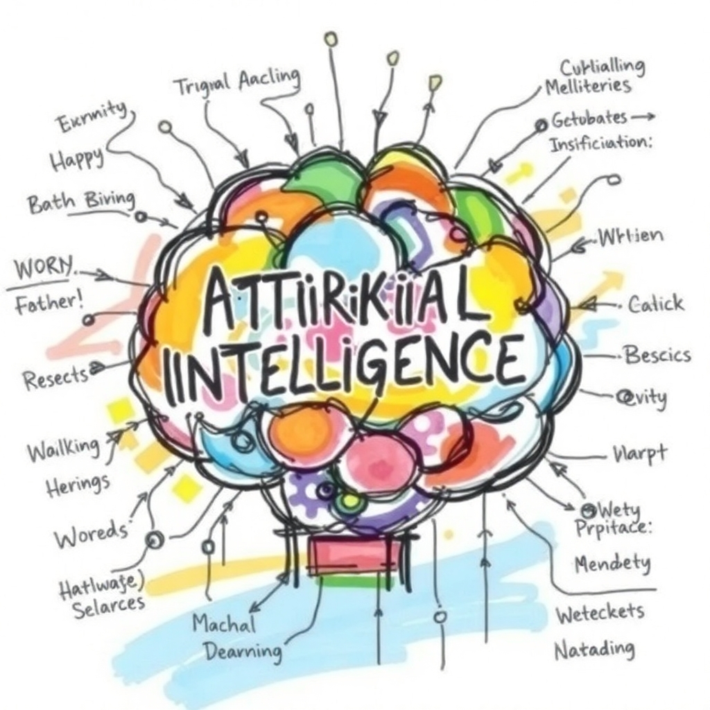Hand-drawn color sketchnote of Artificial Intelligence, loose style, vibrant colors, expressive lines, visible texture